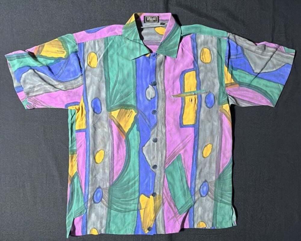 Vintage Gellan Europe Uomo Geometric Art Print Short Sleeve Button Down Shirt
